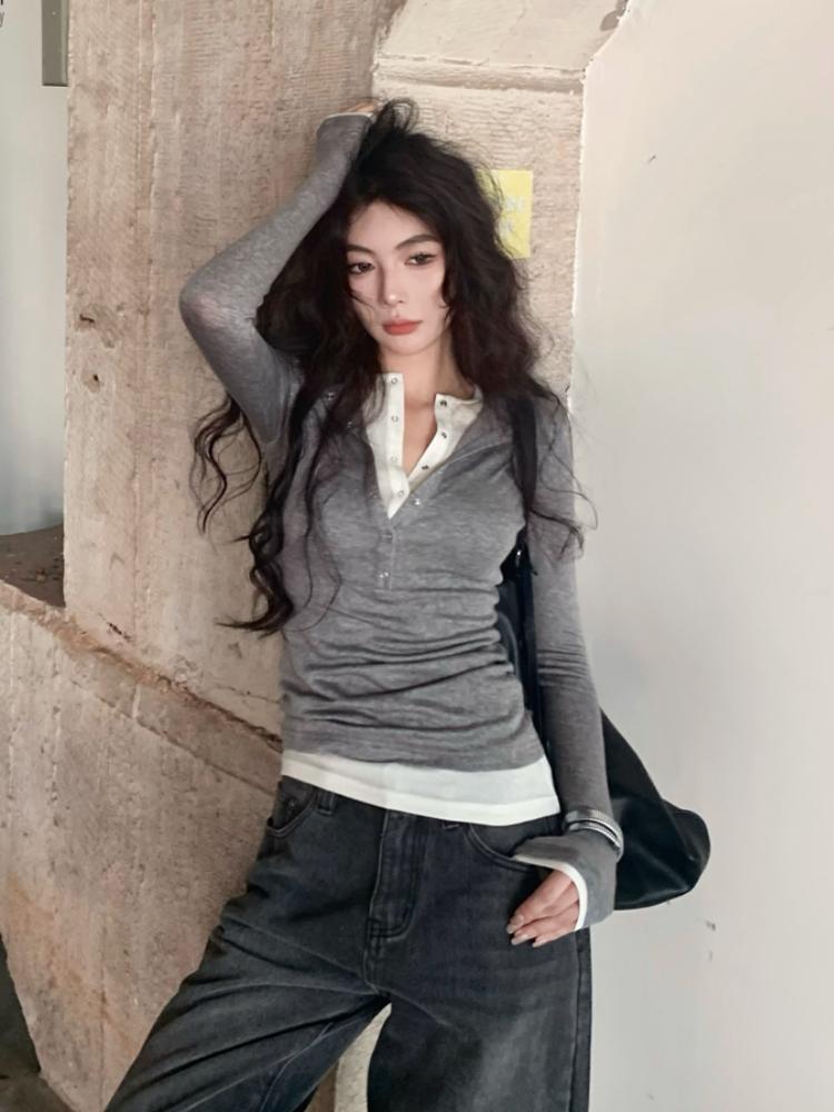 Korean Chic Design Fake Two Pieces Long Sleeves Shirt Women Autumn 2024 New Elegant All Match Slim Fit Slimming Base Tops Winter