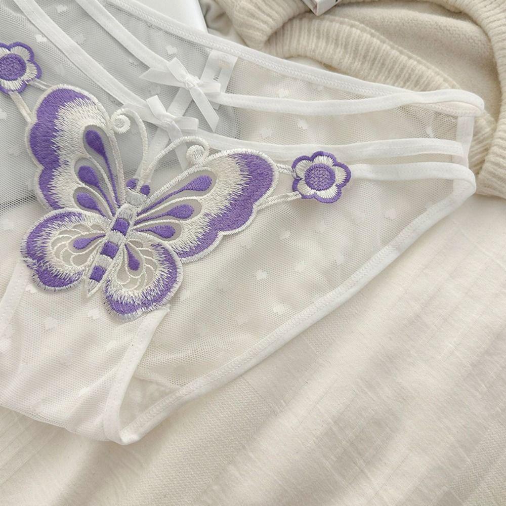 Cotton Crotch Butterfly Embroidery Bow Underpants Low-Waist Flower Mesh Slim Panties  Girls