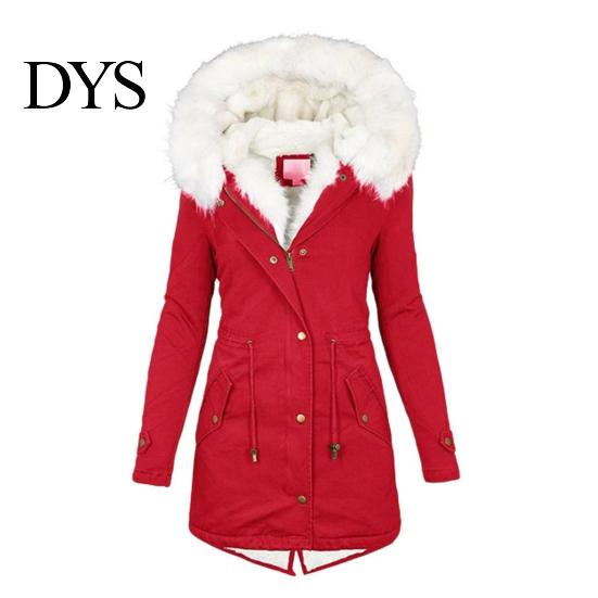 Long Down Jacket Women Winter Cotton Coat Plus Size Faux Fur Hood Fleece-lined Zip-up Temperature Locking Press Button Closure Windproof Mid