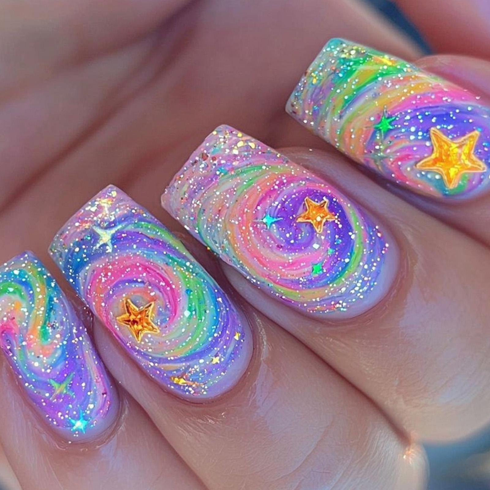 

24 шт. Длинные накладные ногти Звезды Искусственные ногти Градиент Полное покрытие Наклейки для ногтей Блестящие Накладные ногти для женщины