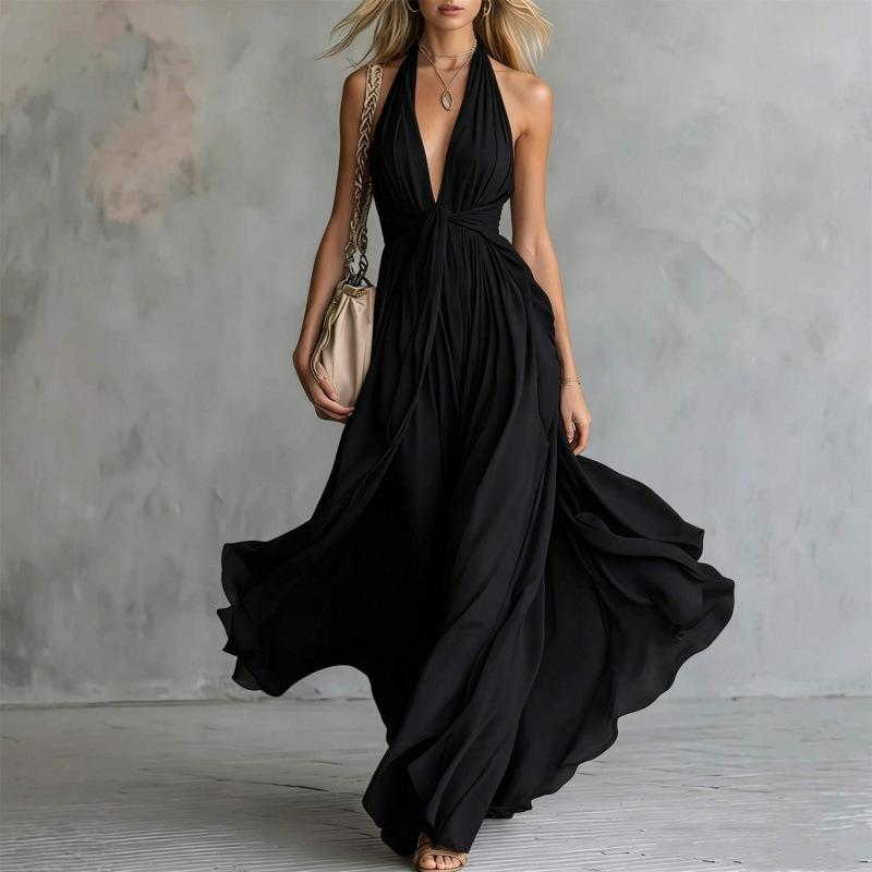 Independent Station European and American Women s New Sexy Solid Color V-Neck Sleeveless Waist, Neck Dress S