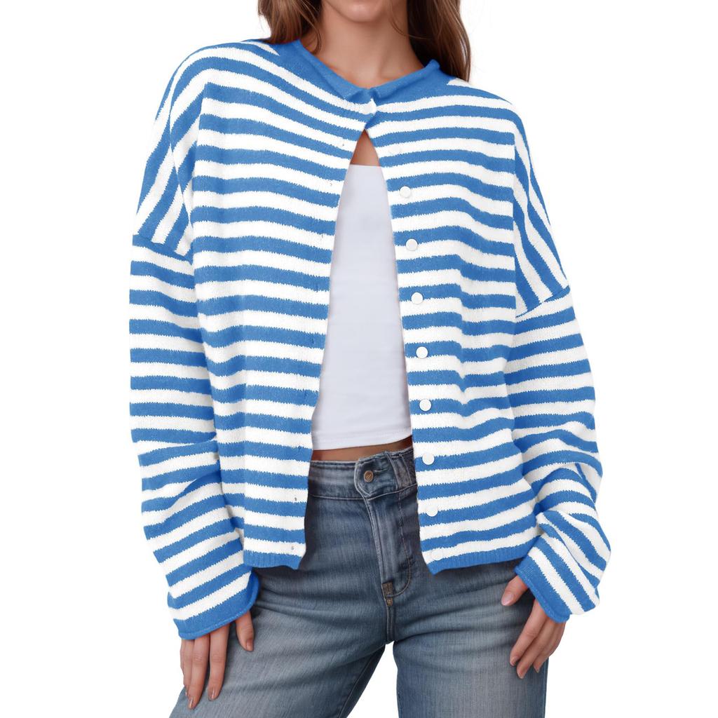 Womens Striped Cardigan Casual Long Sleeve Open Front Button Down Loose Knit