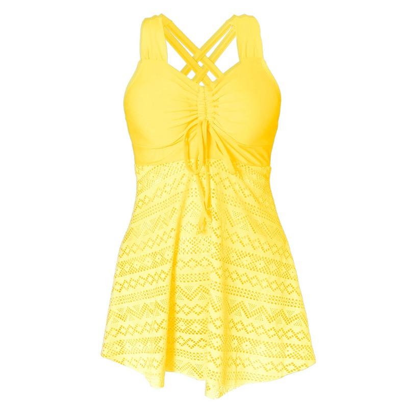 Women's Pink Lace Overlay Crisscross Back Drawstring Tankini Swimsuit