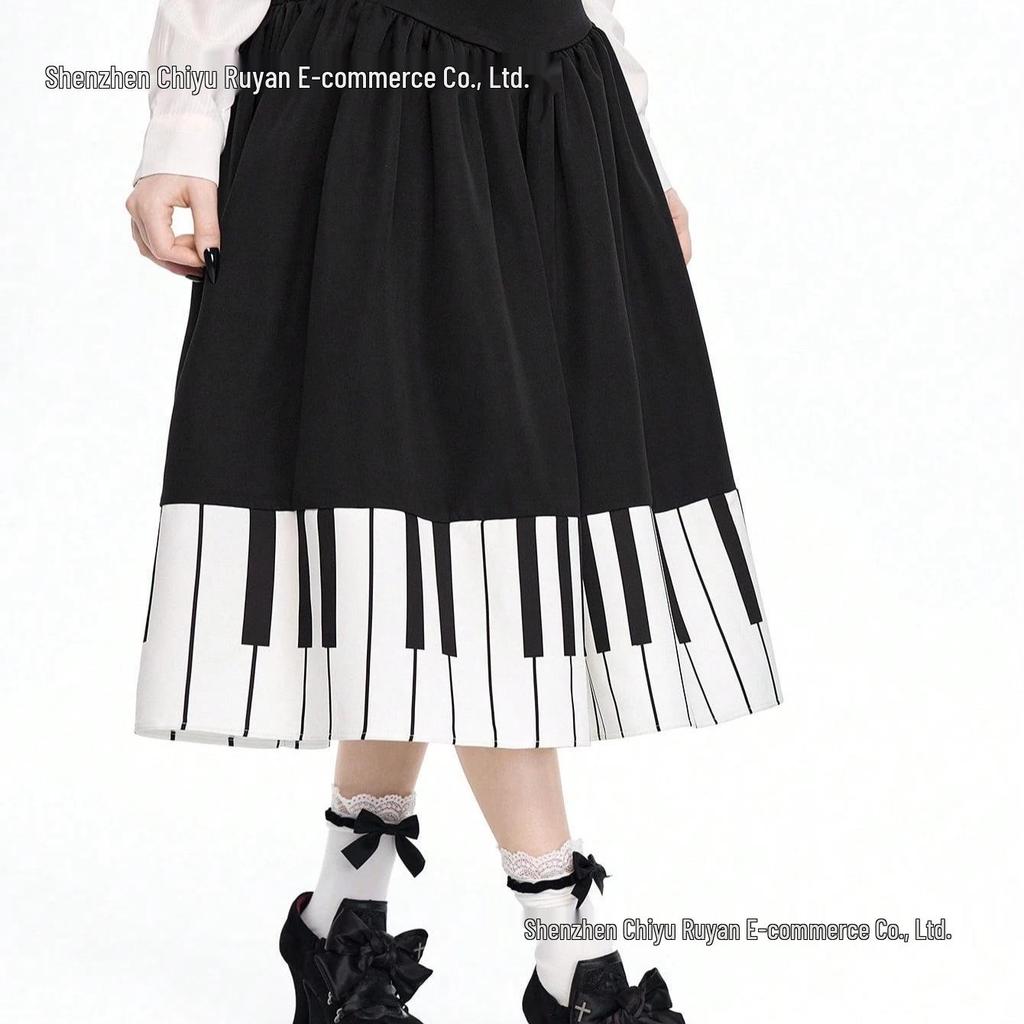 European & American Women's Retro Piano-Pattern High Waist Pleated Skirt - Black & White Short Slimming Design for Summer.