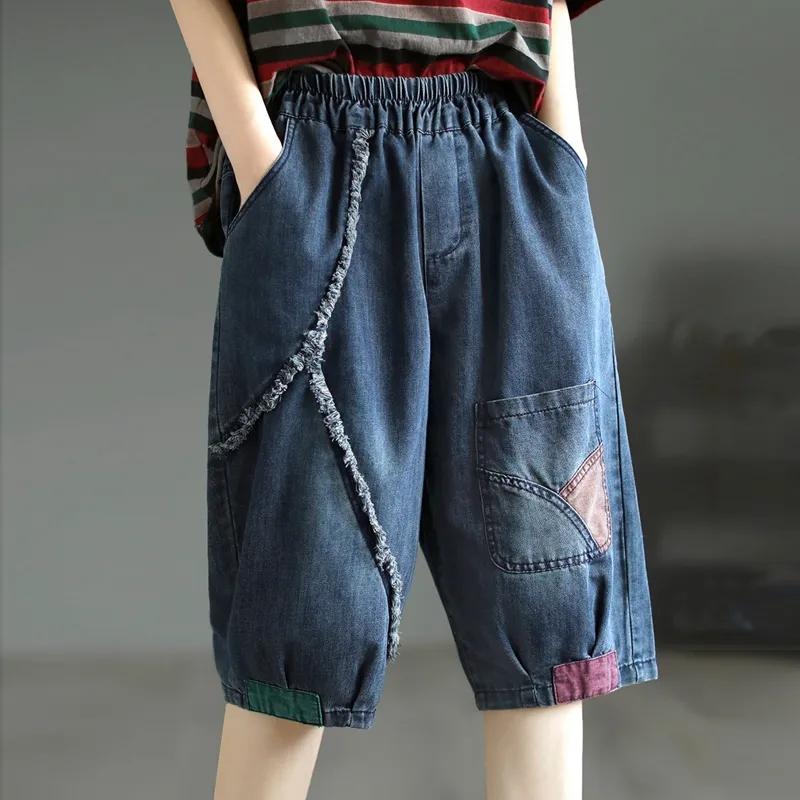 Calça Média Retro de Verão Feminina Patchwork de Tecido Splicing Jeans Seis Pontos Cintura Elástica Feminina Calças Jeans Curtas Casuais