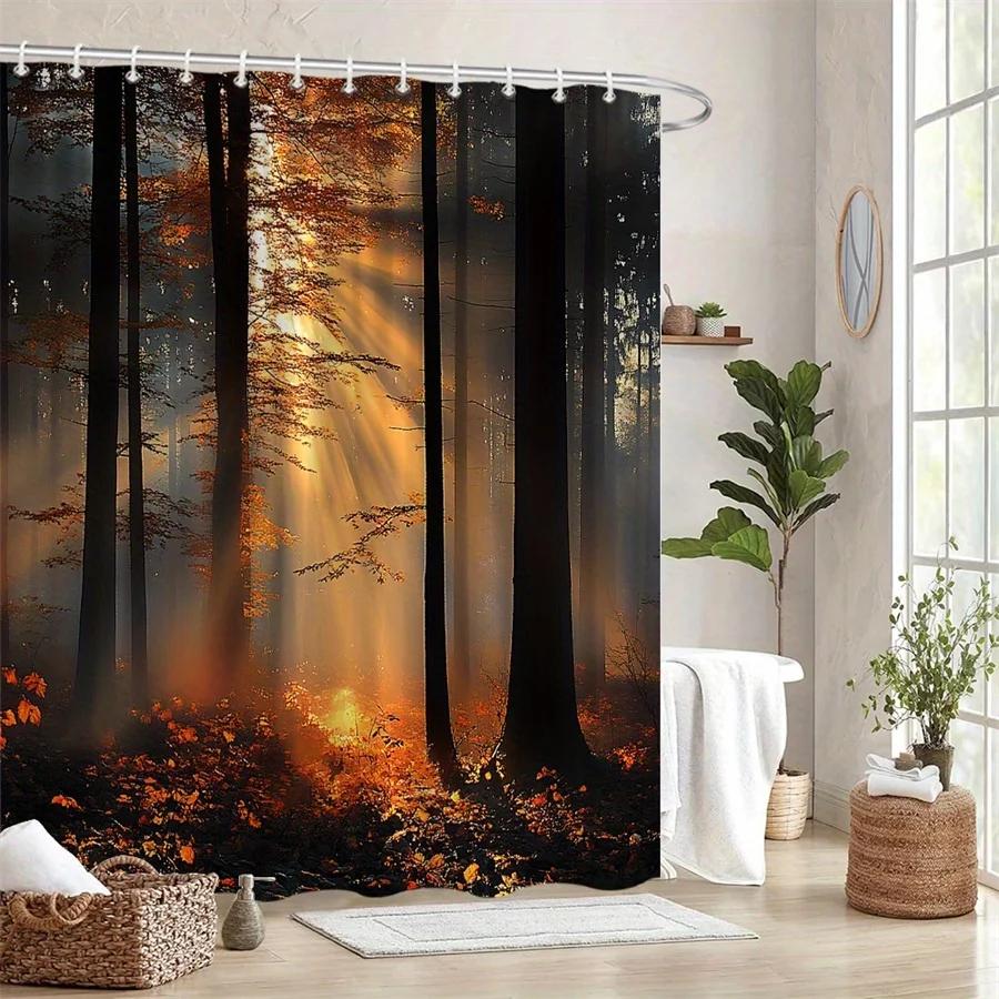 

1Pc Extra Large Shower Curtain - Tranquil Autumn Forest Bathroom Decor With Tall Trees, Fallen Leaves & Sunlight Filtering - Mac W60H190(CM)-1 Pcs