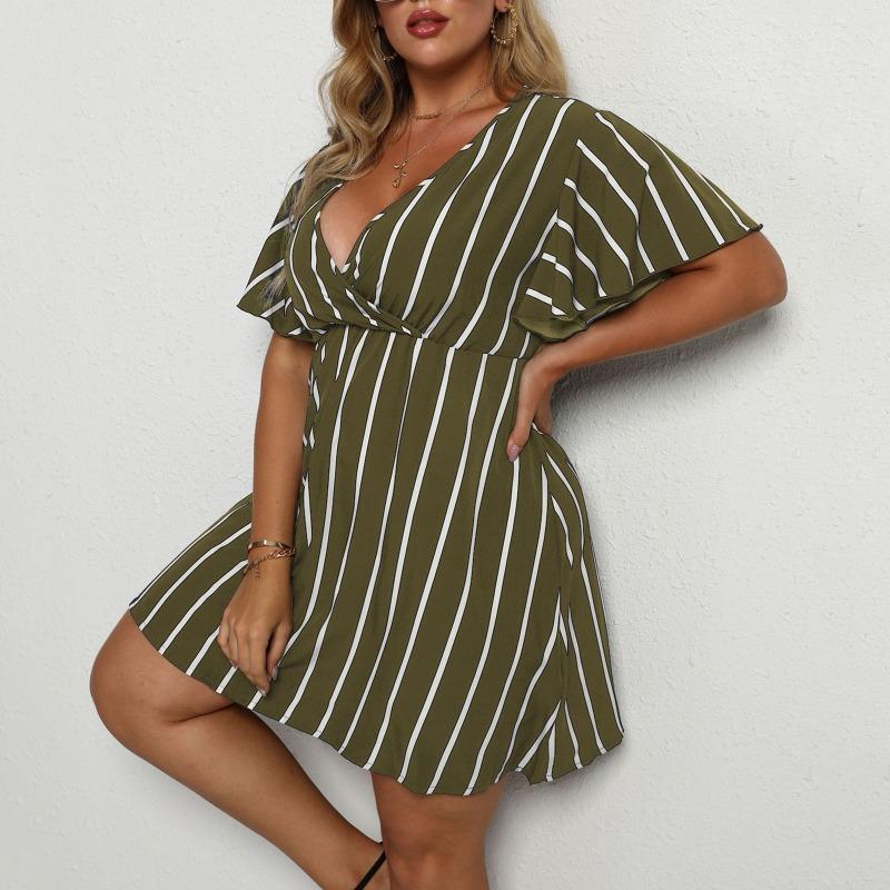 Mode Kurzarm Gestreift V-Ausschnitt Große Größe Kleid Elegante Damen Hohe Taille Lose Lässig A-Linie Party Kurzes Böhmisches Kleid Weibliche Damenbekleidung