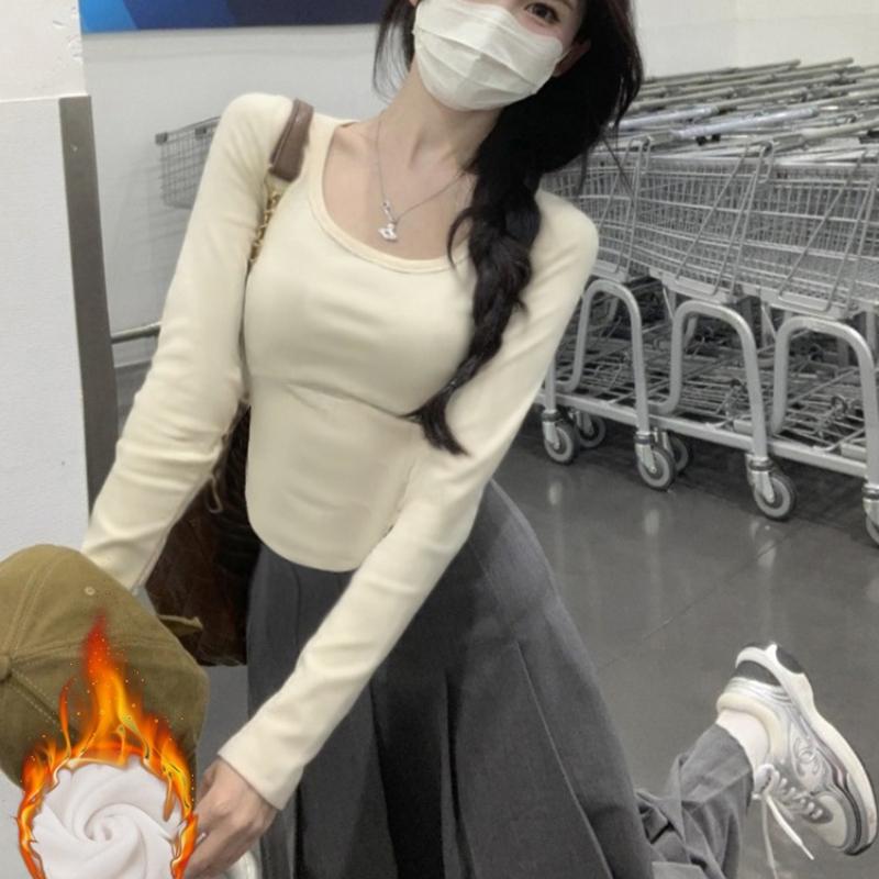 Thickened White Square Collar Bottoming Shirt for Women with Slim German Velvet T-shirt for Women with Long Sleeves for Women with Super Figure