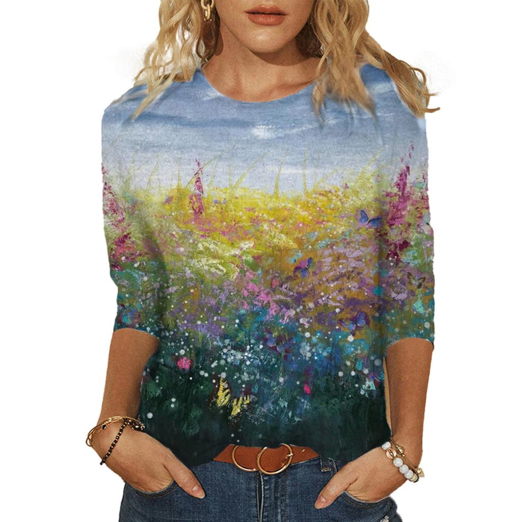 Fashion Women's Spring Printed Mid-length Sleeves Crew-Neck  Casual Tee Tops