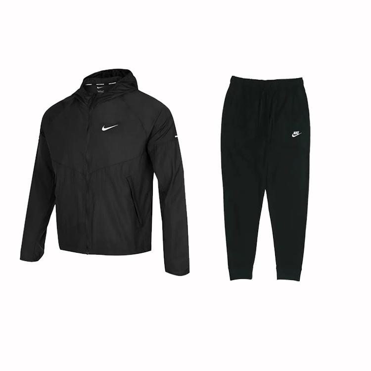 

Nike Reflective Logo Print Woven Hooded Jacket Comfortable Mid-Waist Drawstring Pants Casual Sports Set Men Set Black DD4747-010+BV2763-010_2 M
