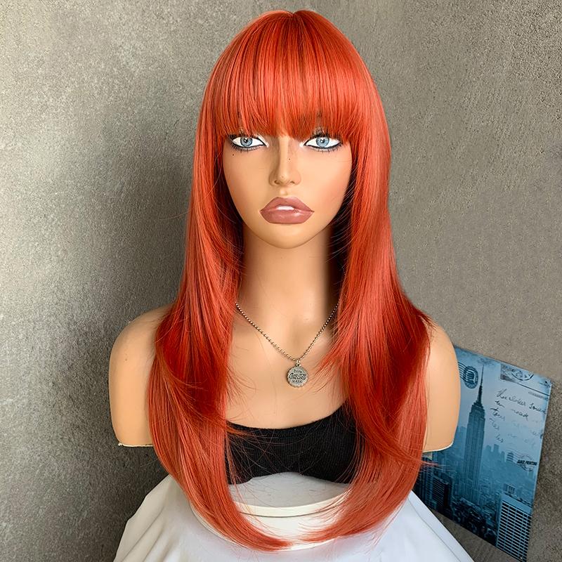 Higher Cost Red Orange Performance Natural Effect Transparent Lace Straight Hair Synthetic Wig Bangs Women Heat Resistant (as the picture,22 inch)