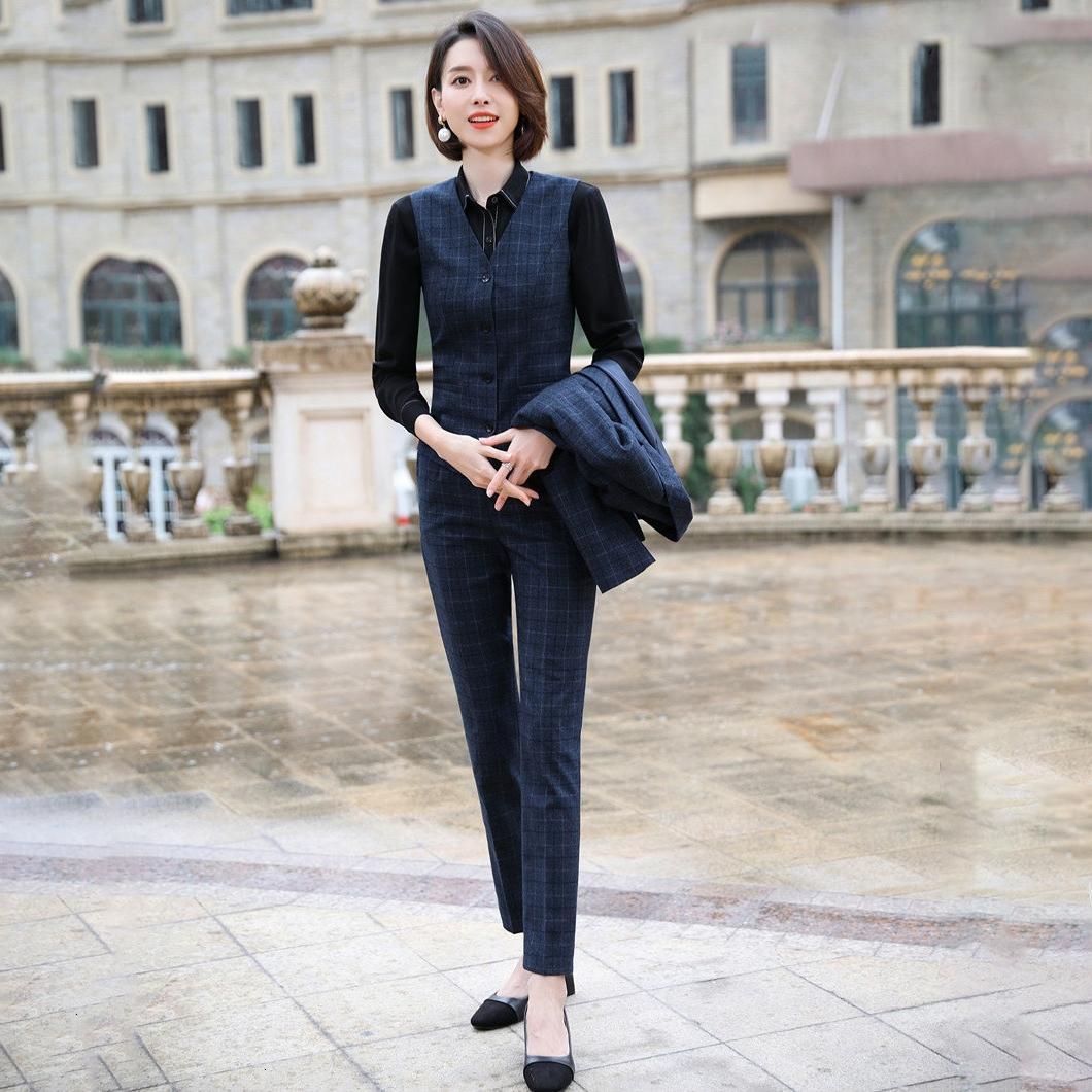

Женская деловая рабочая одежда, женские офисные профессиональные блейзеры OL, модный клетчатый костюм из 3 предметов, синее пальто + брюки + жилет XXXXXL синий