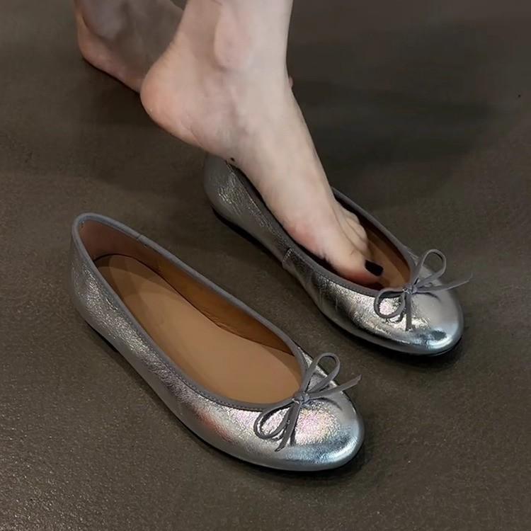 Leather shallow mouth ballet shoes women's bow versatile flat shoes Mary Jane shoes
