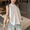 Casual Fashion Pleated Shirts Solid Color Basic Summer Sleeveless French Style Halter Loose Sweet Folds Blouse