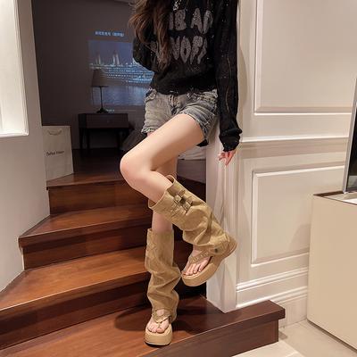 Retro Two-wear Toe Stacking Boots Women's 2025 Summer New Thick-soled Herringbone High Tube Roman Sandals Trouser Tube Boots Tide