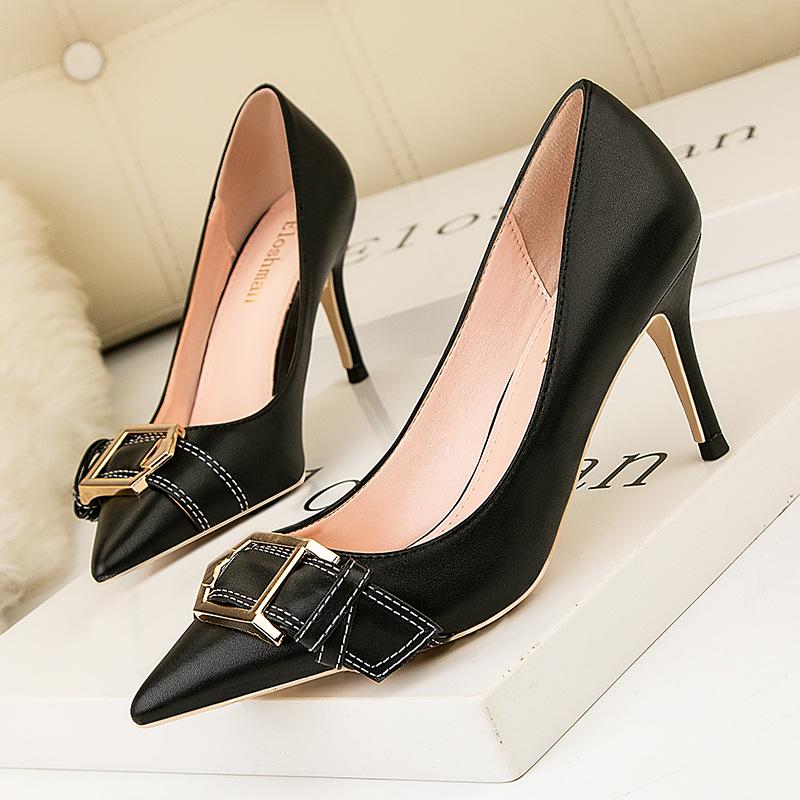High heels women's shoes high heels shallow mouth pointed metal belt buckle thin single shoes