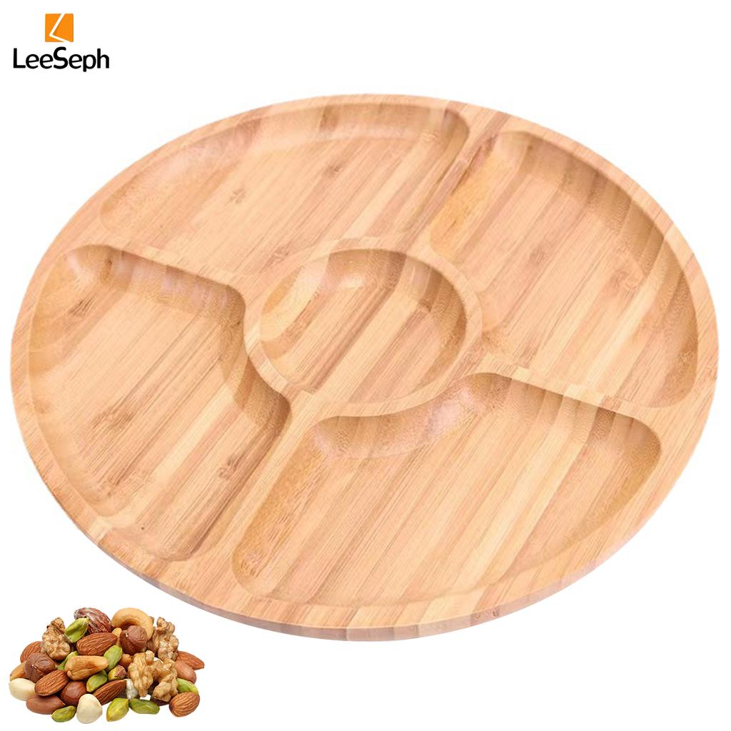 Leeseph Bamboo Five-compartment Dinner Plate, Reusable Multi-Grid Serving Trays, Fruit Snack Bread Nuts Refreshment Plate