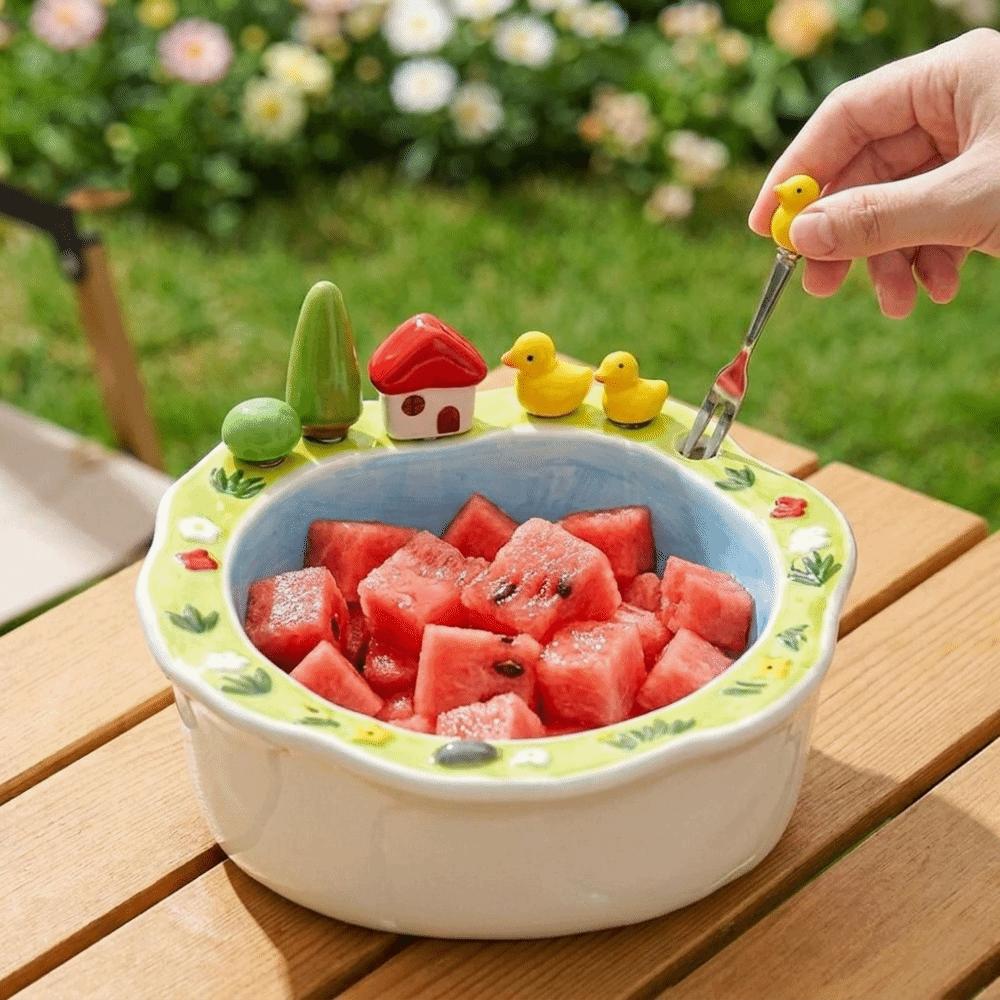 Little Duck House Shape Fruit Bowl with Fork Cartoon Snack Plate Creative Salad Plate Living Room