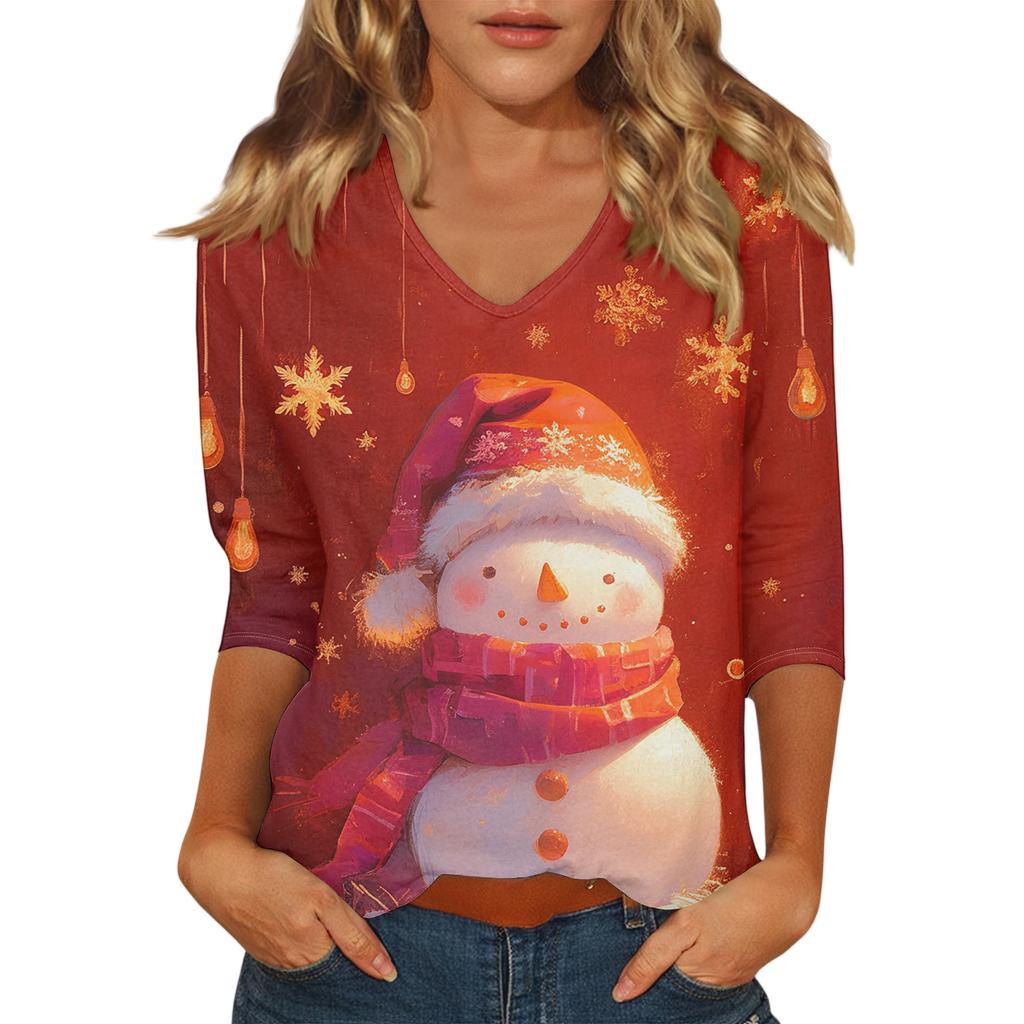 Ladies' Christmas Printed Fashionable Casual Seven Quarter Sleeved V-neck Top