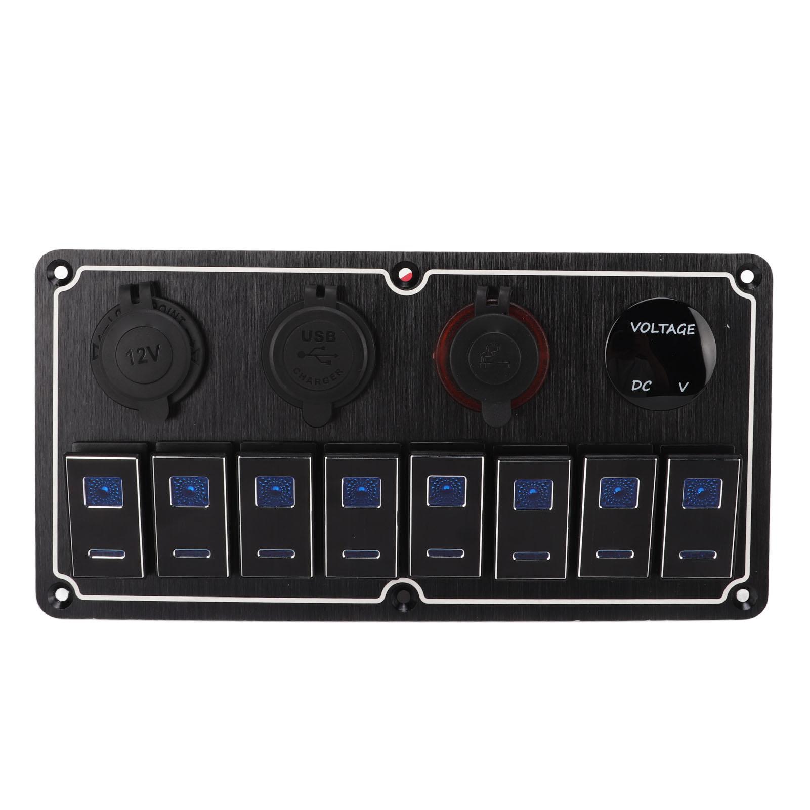 

8 Gang Rocker Switch Panel 12 to 24V 2 Blue LEDs with DIY Sticker 5 Pin Waterproof for Cars RVs Yachts Ships