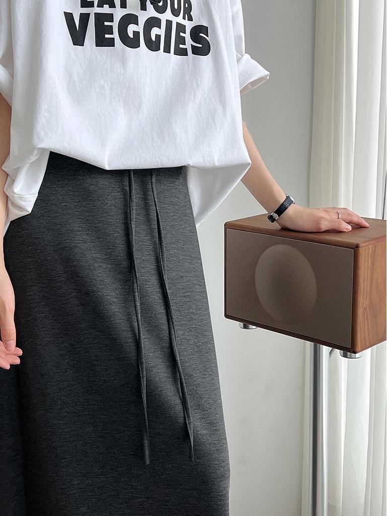 LUXI Korean-Style A-line High Waist Drawstring Maxi Skirt, Summer Casual 2673