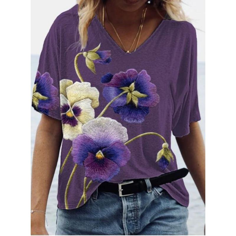 

Летний топ с V-образным вырезом и 3D-цветочным принтом, модные повседневные женские футболки с короткими рукавами 5XL