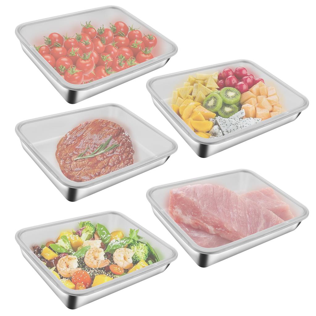 Plate Stainless Steel Food Container 1500/2500ML Thick Tray Fresh-keep Food Fruit Lid Sealed Storage Box Kitchen Fridge Organize