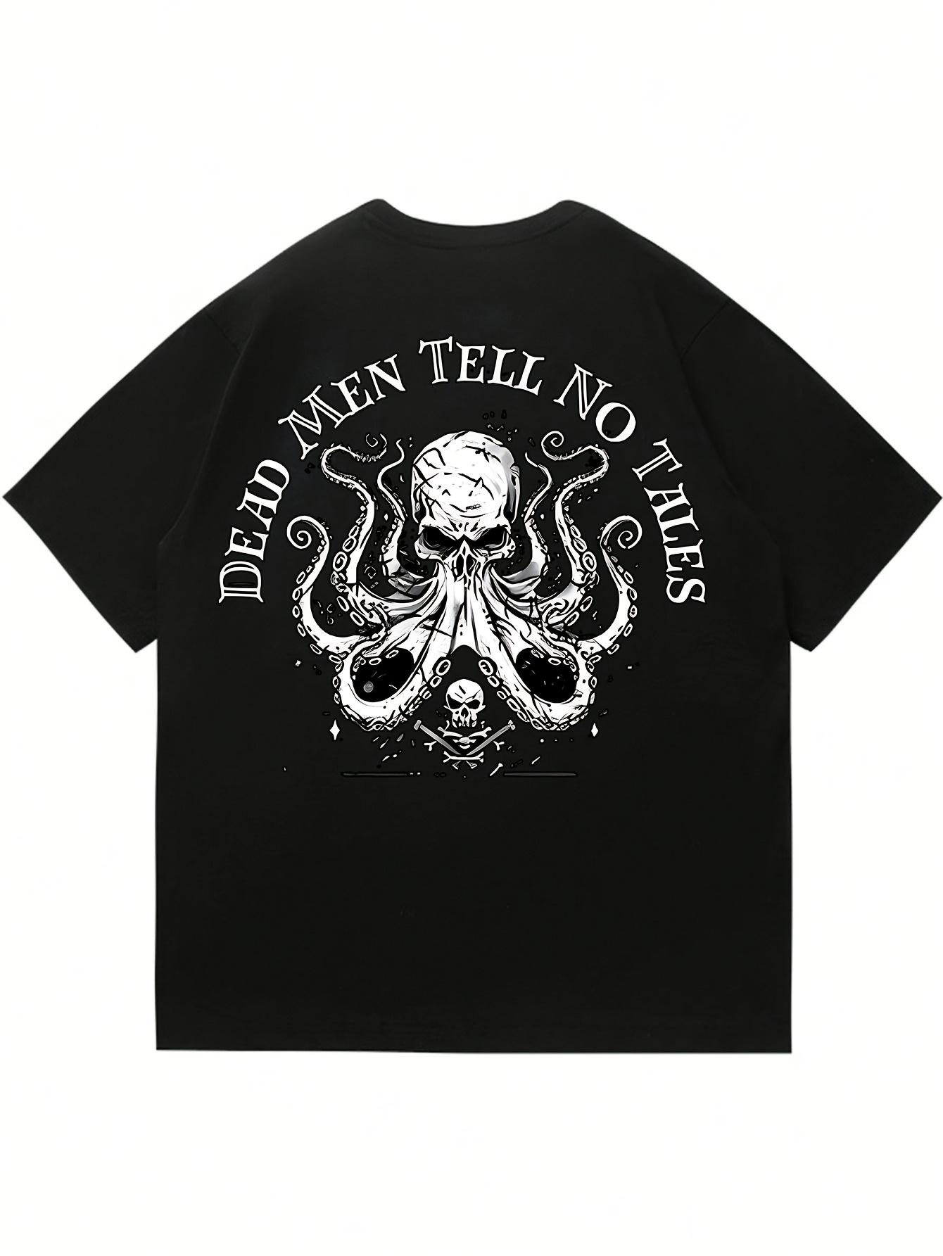 

Summer Men s Short Sleeve T-shirt Black Breathable Casual Tee with Skull Octopus Graphic Print Dead Men Tell No Tales Design 4XL