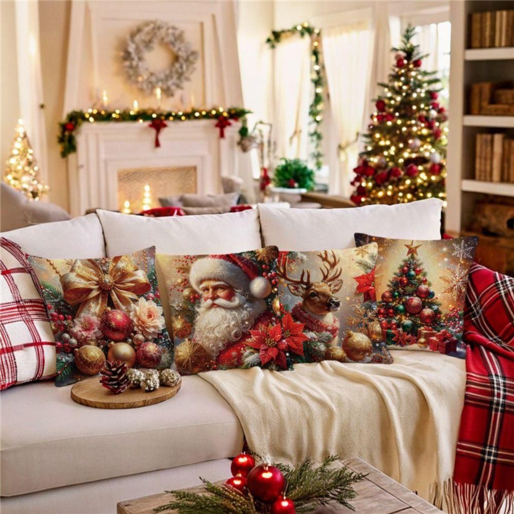 Polyester Christmas Cushion Cover Christmas Tree Printed Decorative Design Pillowcase Checkered Pattern Throw Pillow Cover