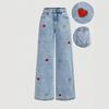 Jeans da Donna Dritti in Denim con Ricamo a Cuore Stile Streetwear Casual Pantaloni Lunghi in Misto Cotone a Vita Media
