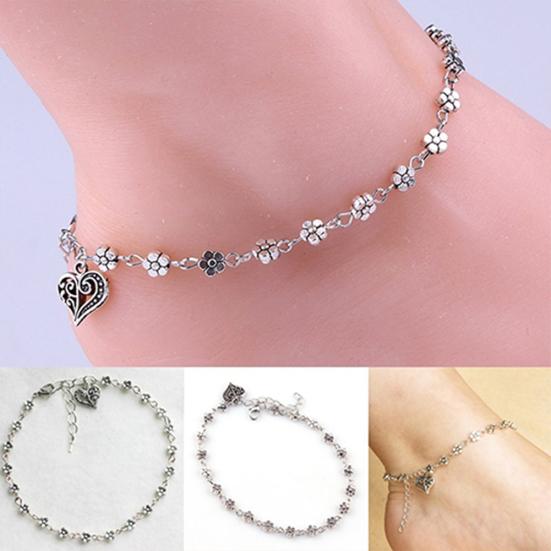 Kvinnors Retro hjärta Blommor Barfota Sandal Beach Anklet Chain Foot Smycken