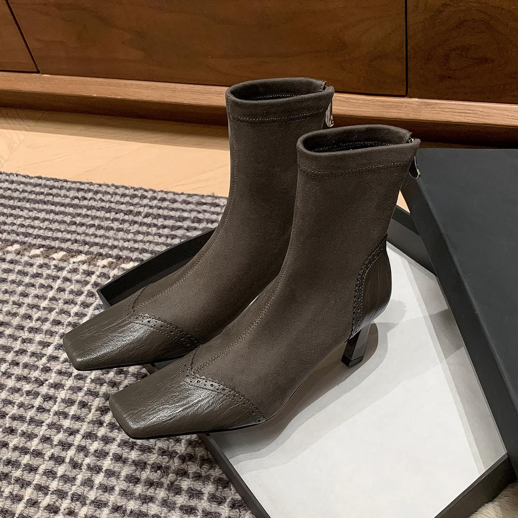 7CM fashionable and foreign style is thin, elastic and thin boots, female celebrity style versatile splicing square head thin heel small short boots, 