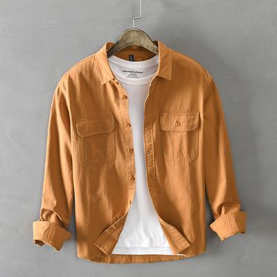 Camisas Brancas Casuais Masculinas Manga Comprida Design de Dois Bolsos no Peito 100% Algodão Sólida Casual Camisa de Colarinho Virado para Baixo