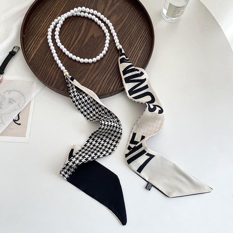 Faionable Polka Dot Scarf Waist Belt For Women Decorative Pearl Splicing Neck Ribbon Elegant Stripes Fluttering Ribbon