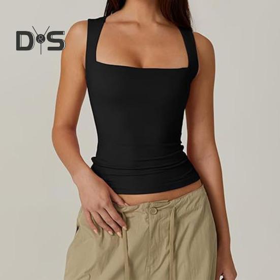 Summer Vest Women Solid Color Square Collar Slim Fit Tank Top Wide Shoulder Straps Breathable Vest Daily Wear