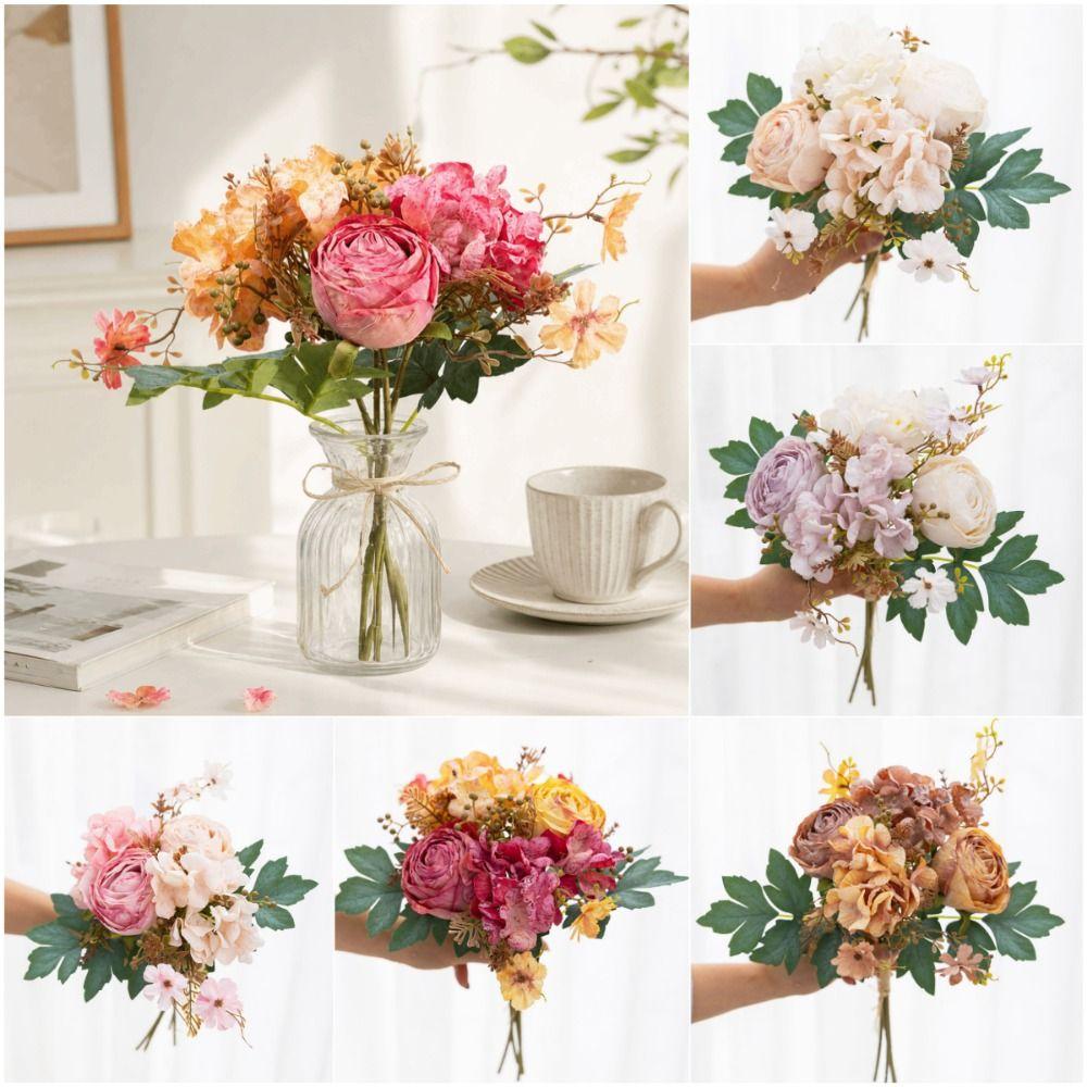 Multicolor Artificial Flower Bouquet Silk Petals Green Leaves Simulation Hydrangea Photo Props Accessories Decorative Flower