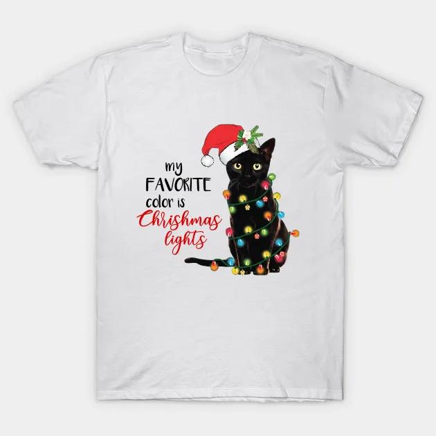 Funny Christmas Lights Black Cat Xmas Gift T Shirt New 100 Cotton Short Sleeve ONeck Tshirt Casual Unisexs Top