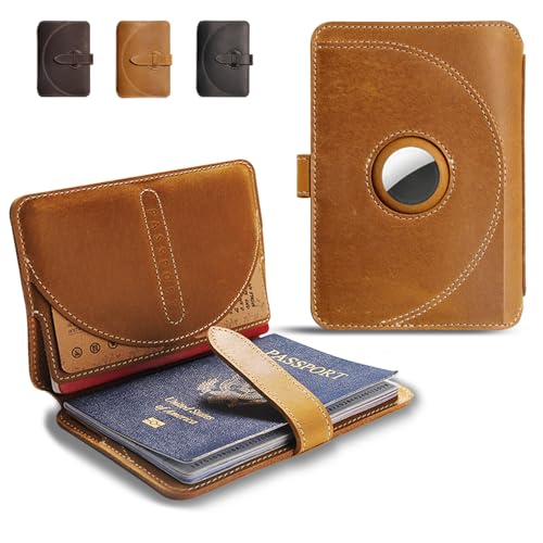 

[XGUO] Leather Passport Wallet, Genuine Leather Passport Cover with Airtag Slot, 2 Card Slots & 1 Ticket Pocket, Button Closure, Travel, Perfect Gift,
