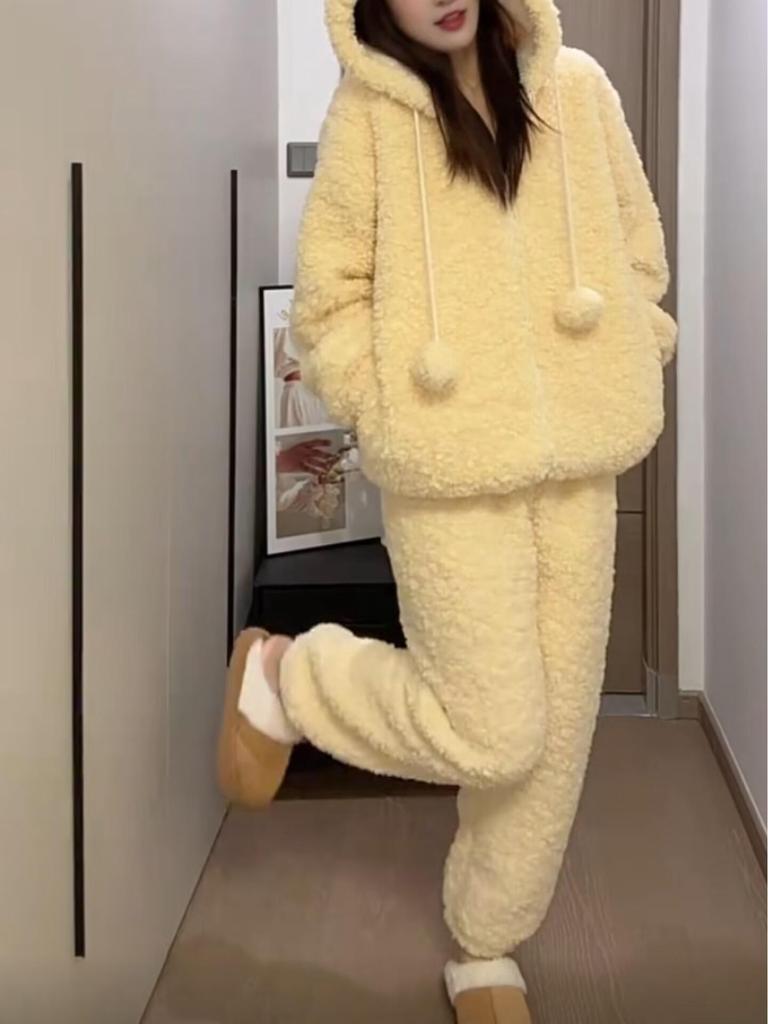 Women's Winter 2025 Velvet Hooded Pajama Set – Soft, Warm, and Suitable for Outside Wear