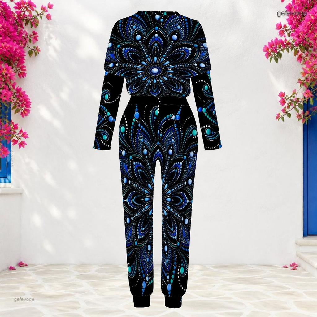 Women Plus Size Blue Printed Round Neck Long Sleeve Two Piece Pants Set Cuffed Top Cuffed Pants With Pockets