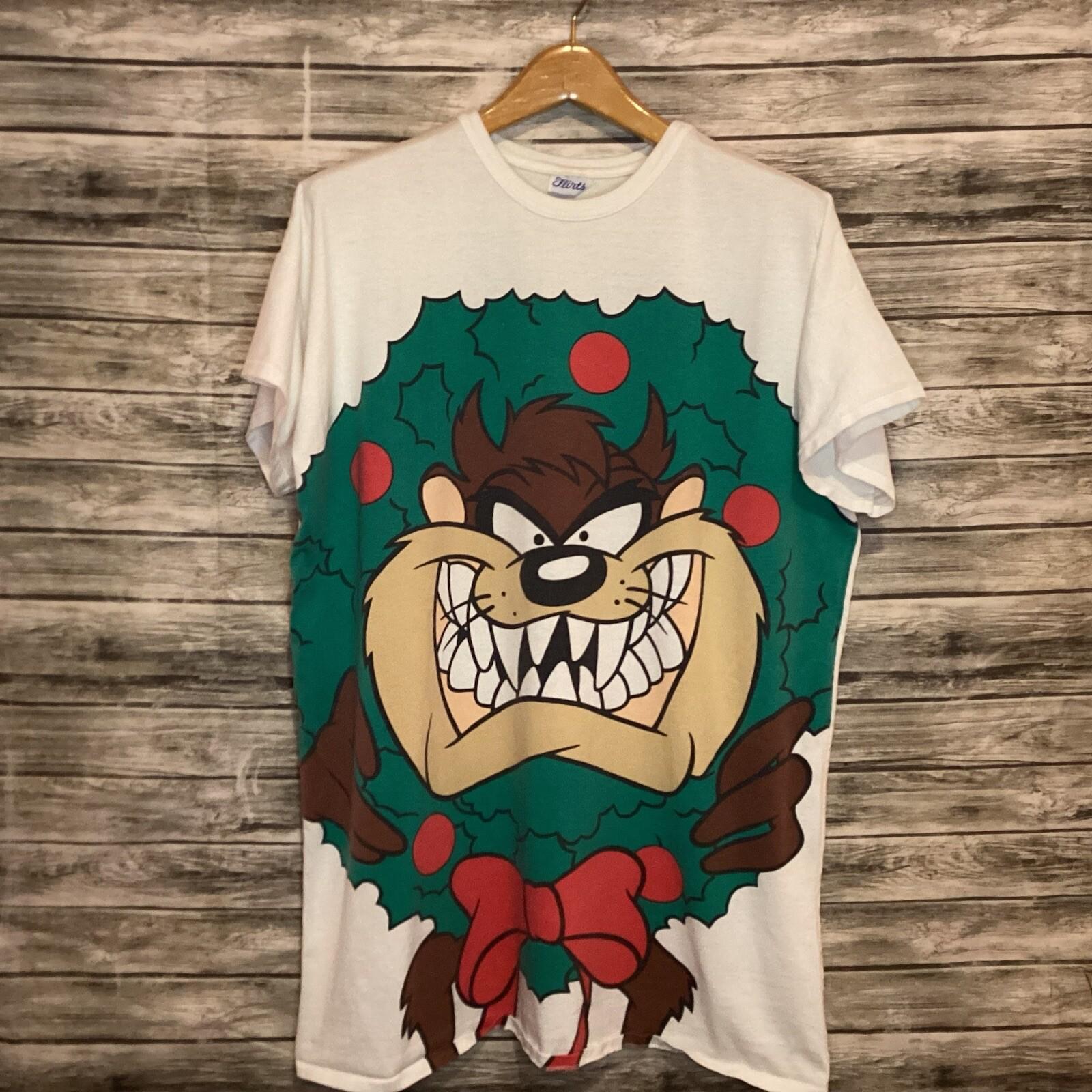 Vintage Taz Shirt Mens 2XL White Oversized Flirts Christmas Looney Tunes Tee 90s Unisex T-Shirt XL