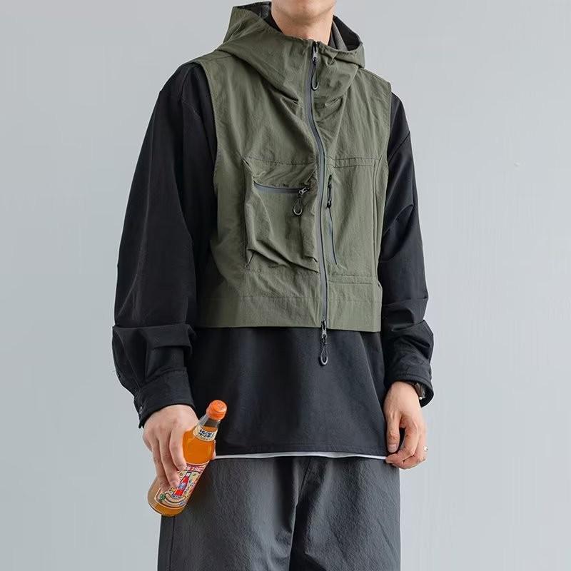 

Мужской жилет для работы в японском стиле Cityboy с капюшоном — легкий, с множеством карманов, для лета XL зелёный