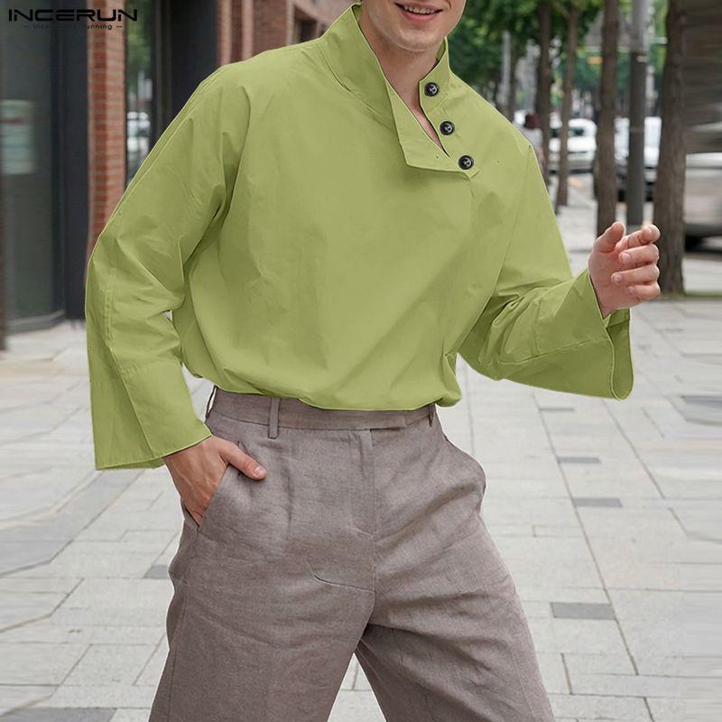 INCERUN Camicie Casual da Uomo Oversize con Collo Stretto a Manica Lunga e Bottoni Laterali Top