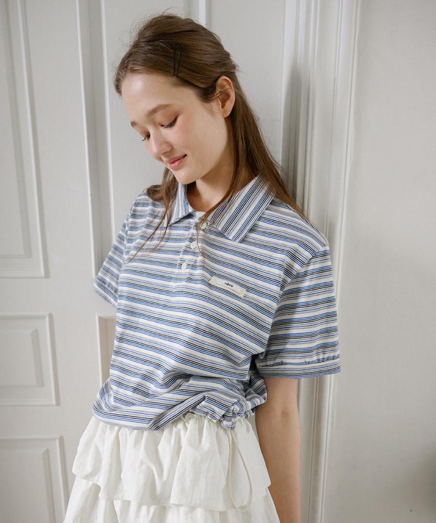 Leteoli Stripe String Collar Half T-Shirt_Ivory