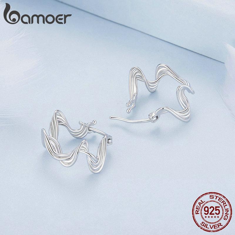 BAMOER 925 Sterling Silver Geomatric Twisted Line Hoop Earrings Wave Ear Buckles for Women Trendy Fine Jewelry