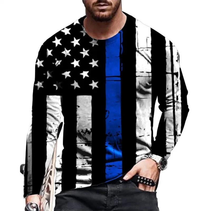 Herren Langarm-T-Shirt mit amerikanischem Flaggen-Print, Stilvolles Lässiges Tägliches Outfit