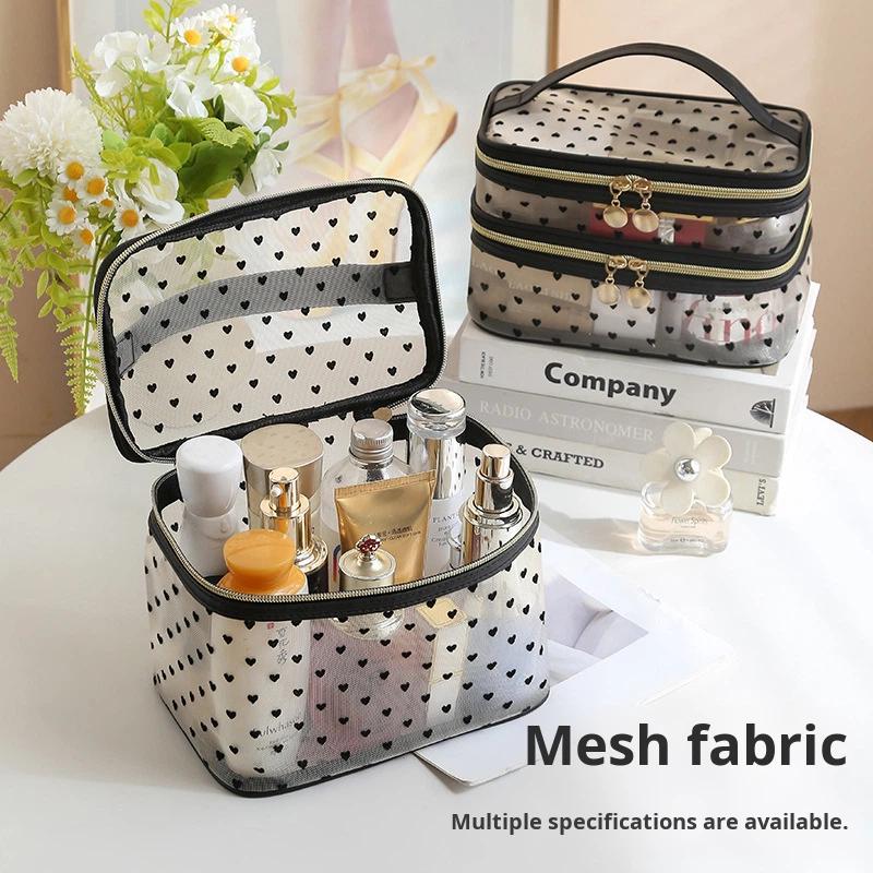 Flocked Heart Pattern Handheld Zipper Portable Mesh Makeup Bag Cosmetic Organizer Travel Essential Large Capacity
