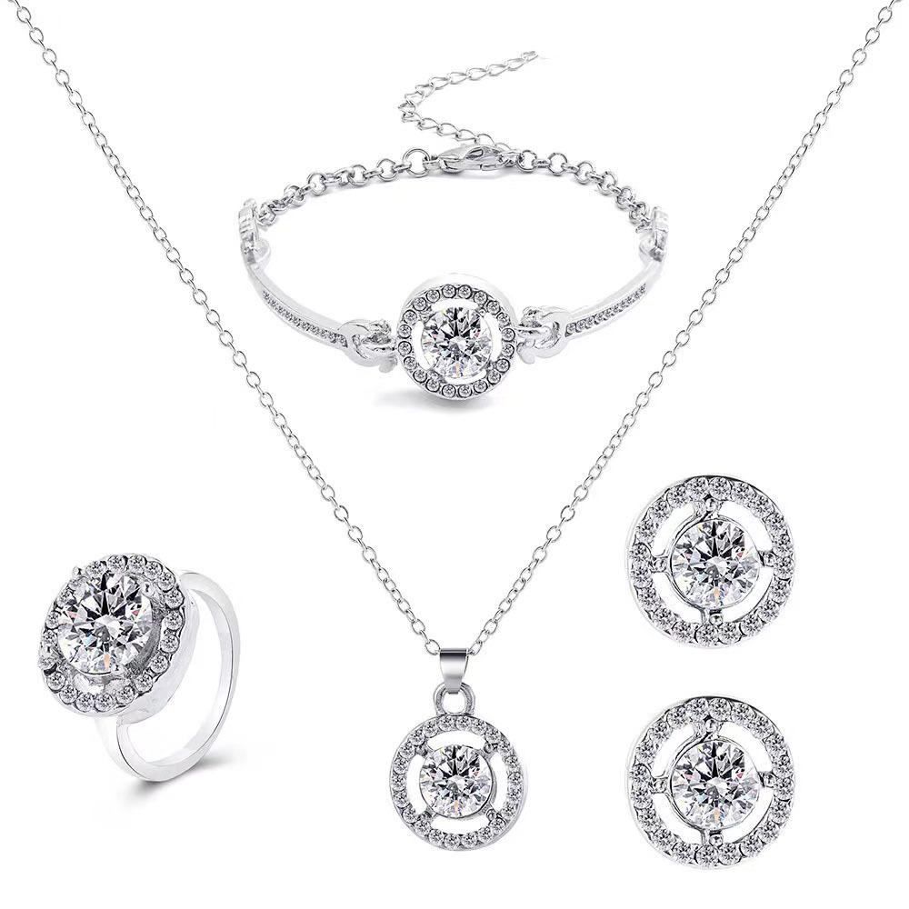 Luxury Rhinestone 4-Piece Jewelry Set, Necklace Earrings Bracelet Ring