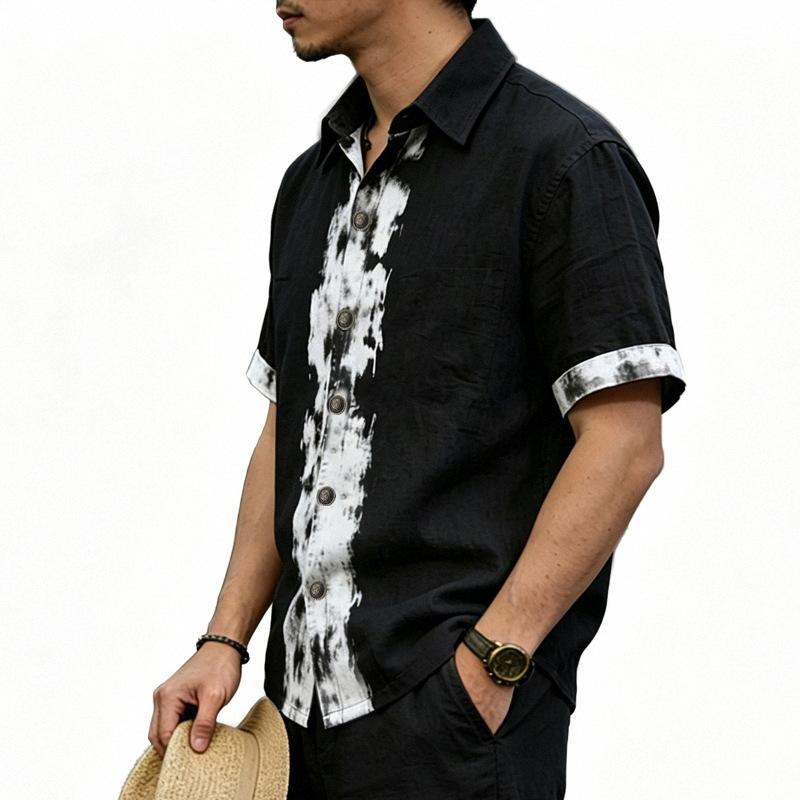Men Ink Wash Brushstroke Print Lapel Full Button Short Sleeve Casual Shirt