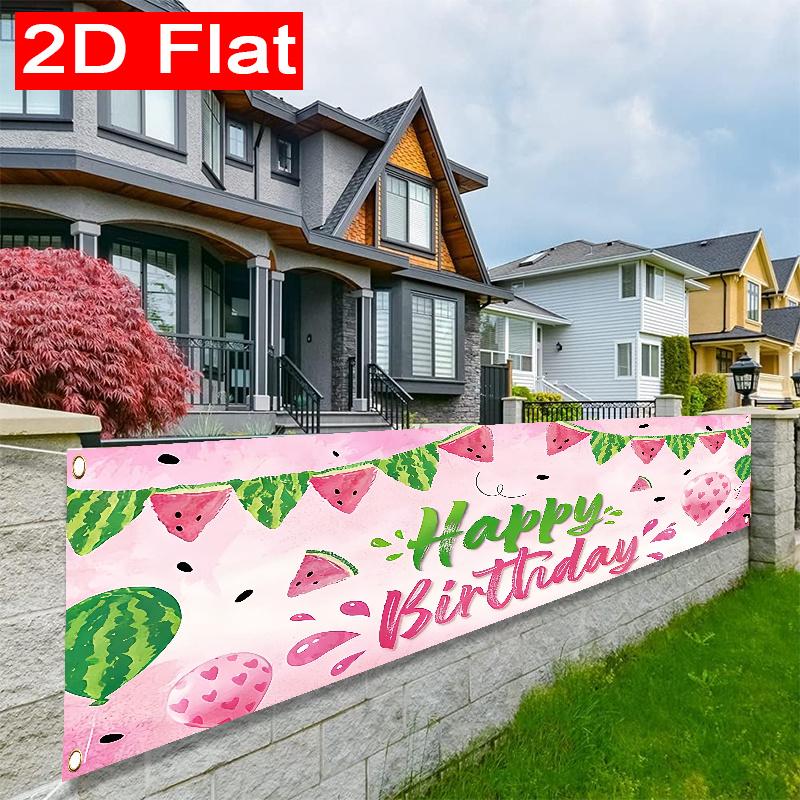 Happy Birthday Watermelon Banner, Summer Watermelon Theme Design, Polyester Outdoor Wall Fence Yard Garage Balcony Decoration